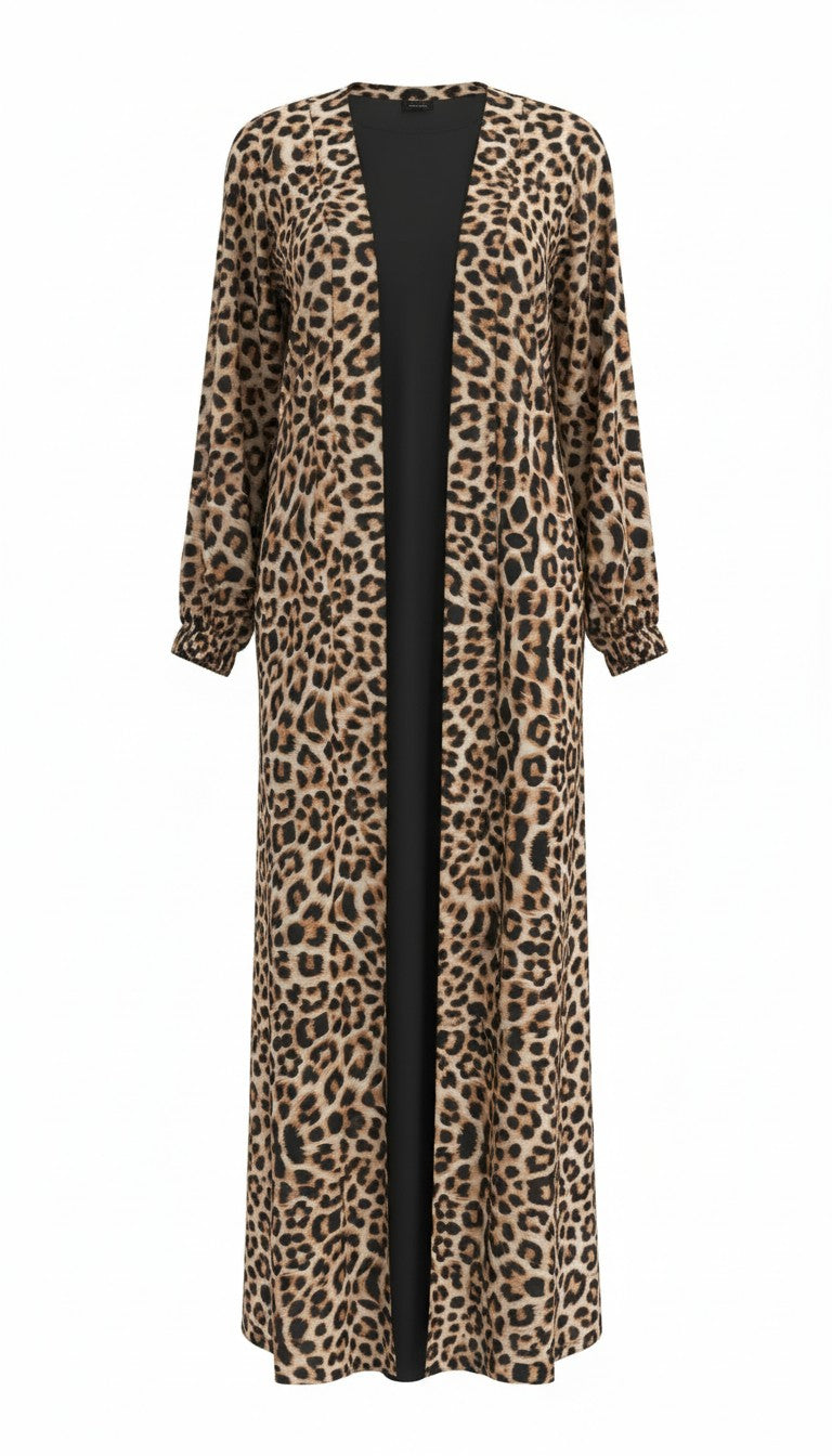 Haiwa by Al Shab - Leopard Print Open Abaya with Inner Dress ( Jacket & Inner )