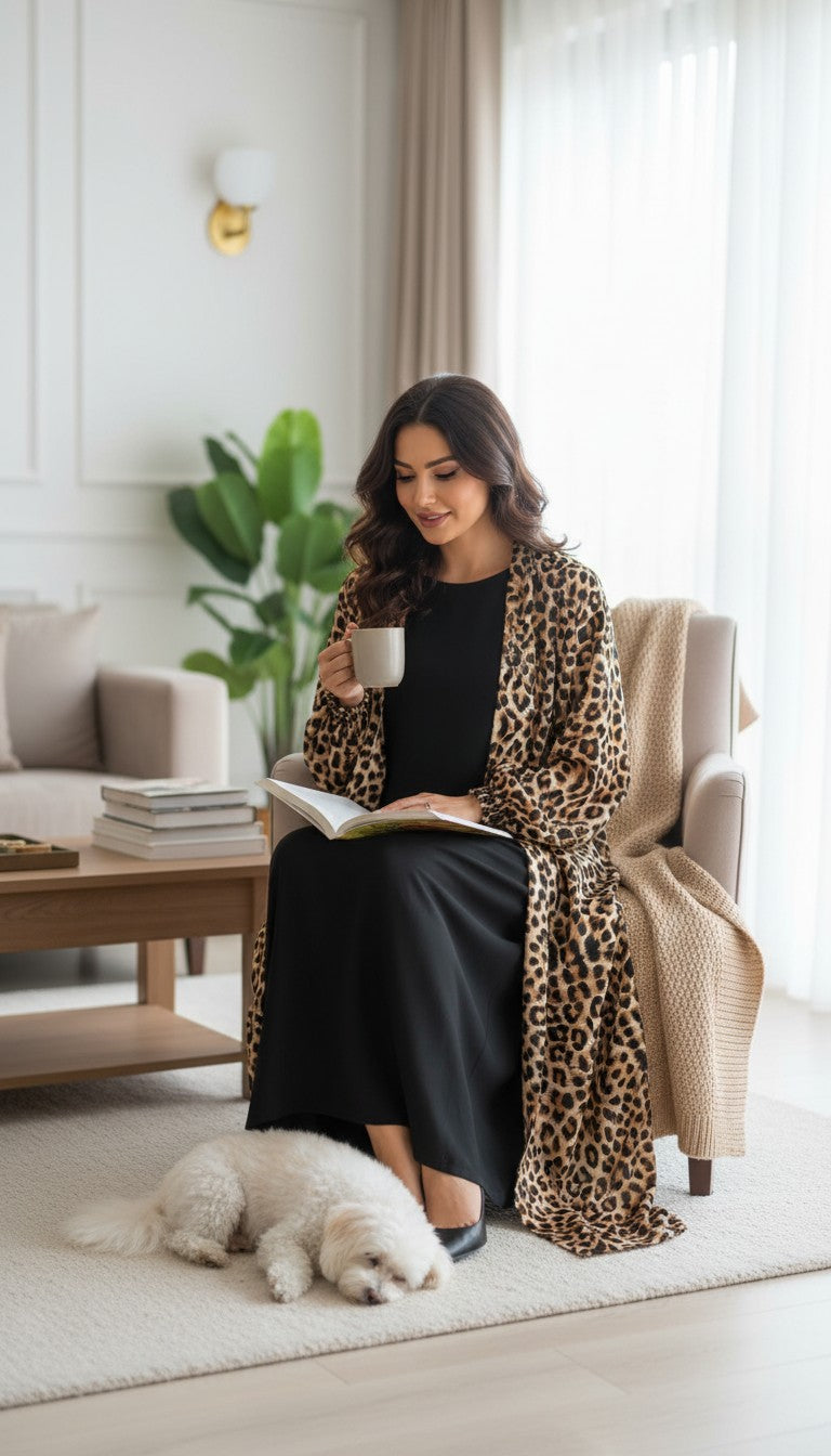 Haiwa by Al Shab - Leopard Print Open Abaya with Inner Dress ( Jacket & Inner )