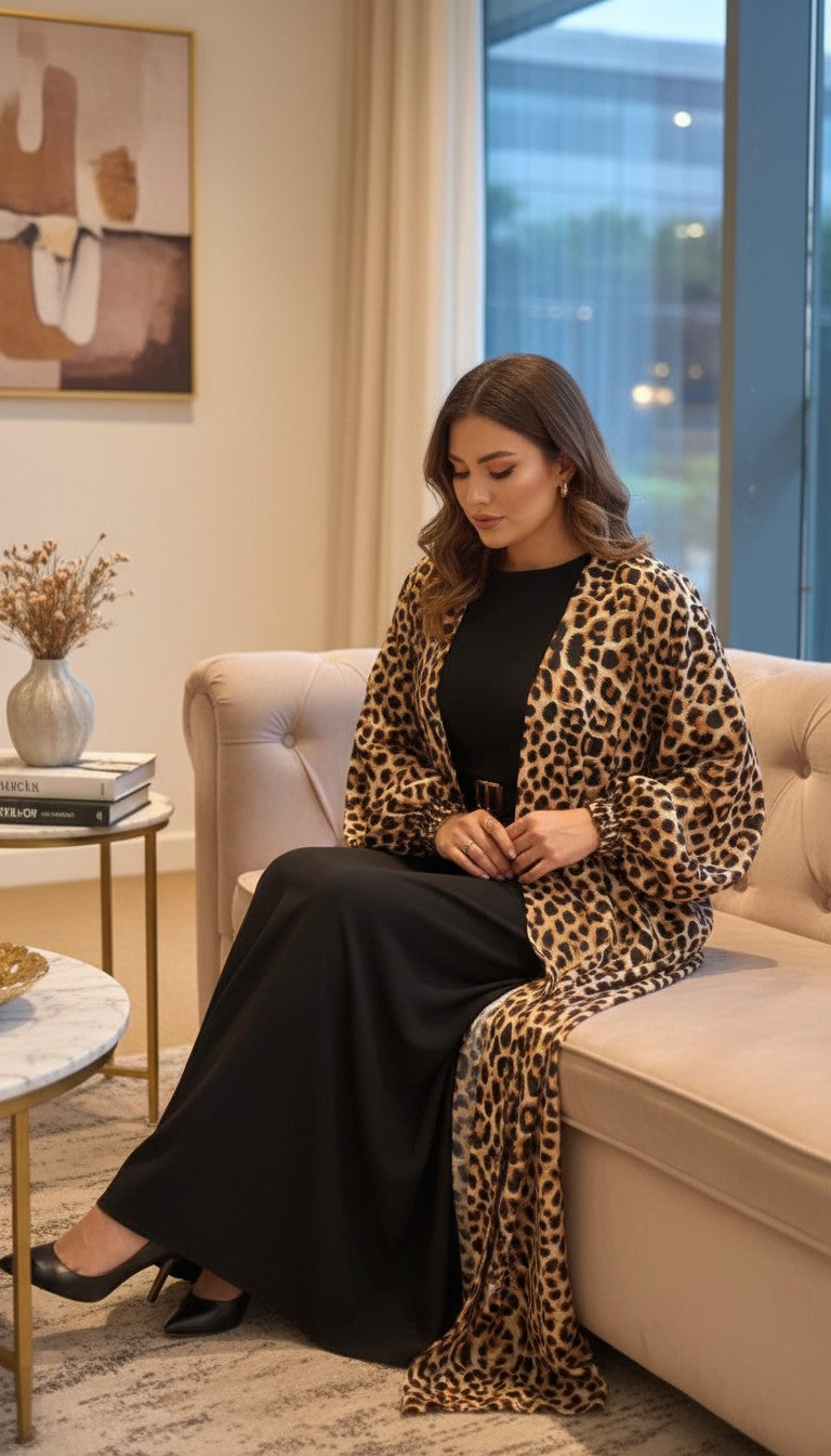 Haiwa by Al Shab - Leopard Print Open Abaya with Inner Dress ( Jacket & Inner )