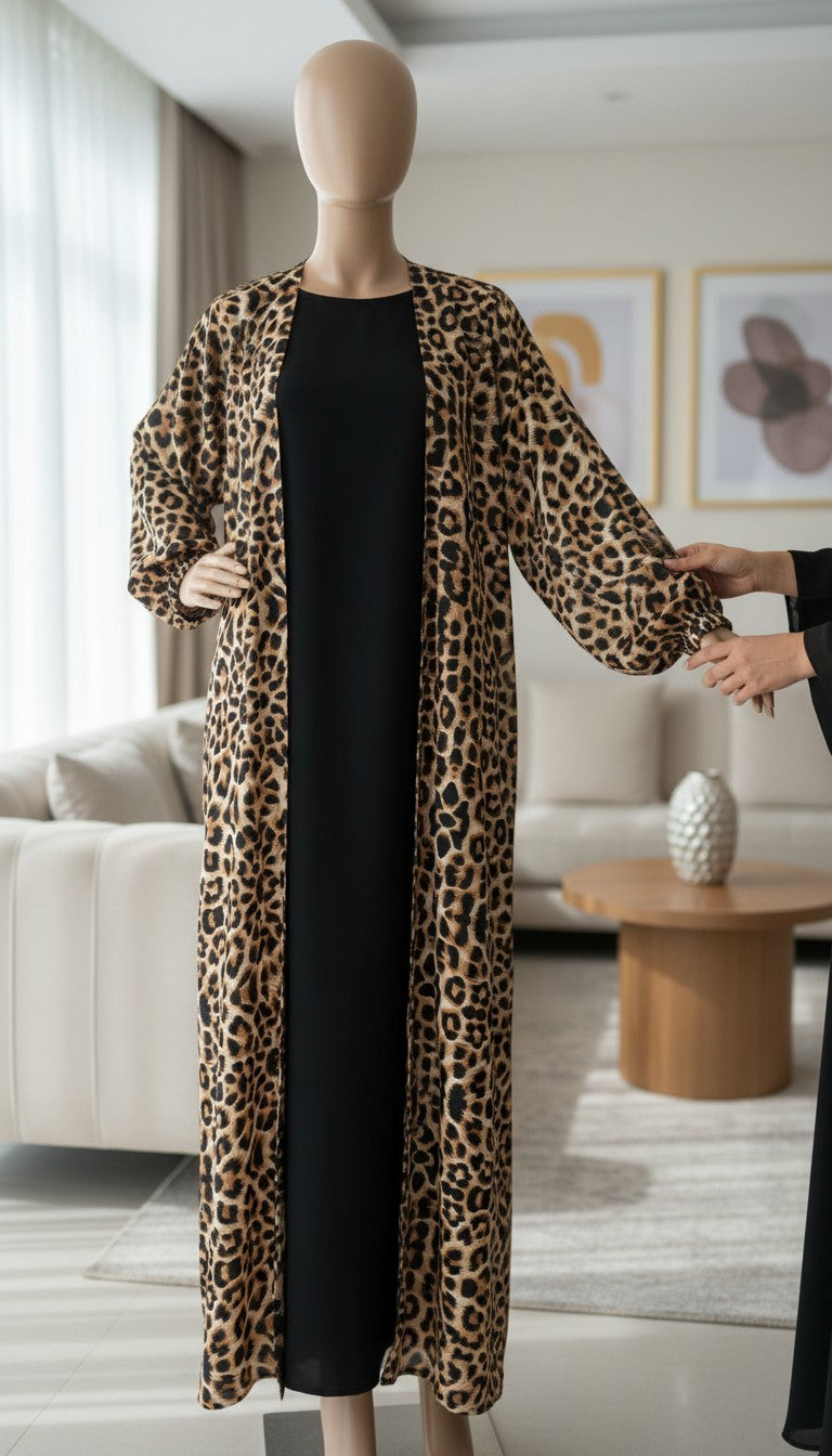 Haiwa by Al Shab - Leopard Print Open Abaya with Inner Dress ( Jacket & Inner )
