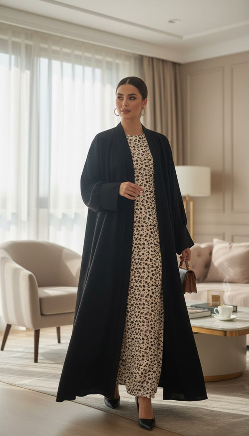Haiwa by Al Shab - Black Open Abaya with Animal Print Inner Dress