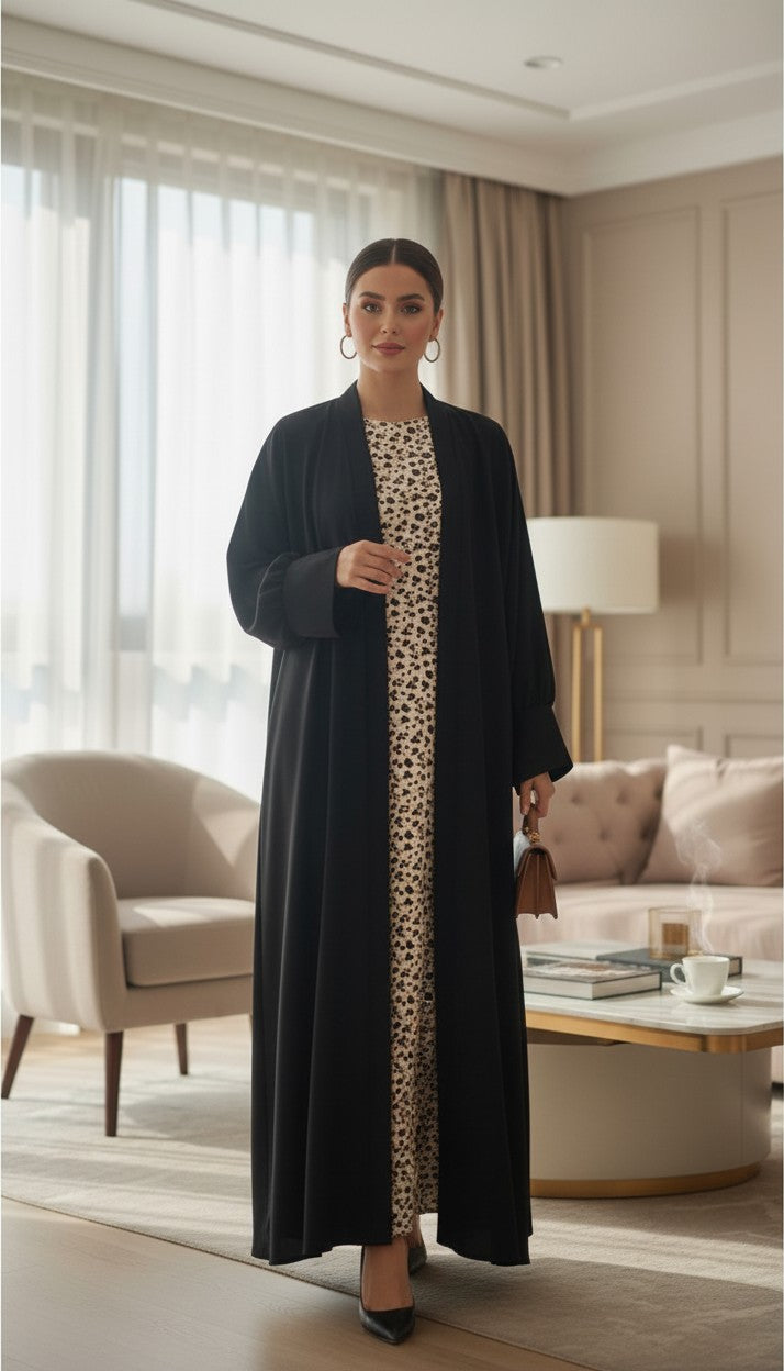 Haiwa by Al Shab - Black Open Abaya with Animal Print Inner Dress