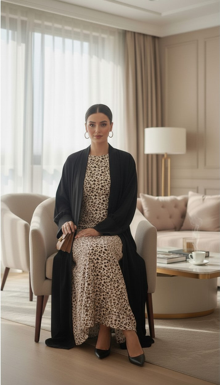 Haiwa by Al Shab - Black Open Abaya with Animal Print Inner Dress